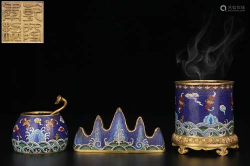 A Set of Chinese Gilt Bronze Cloisonne Enamel Scholars' Garniture