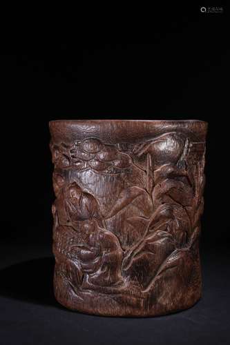 A Chinese Agarwood Figure-Story Brush Pot