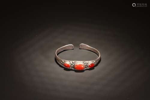 A Chinese Silver Embedded with Coral Bangle