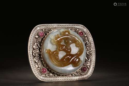 A Chinese Silver Embedded Hetian Jade Belt Buckle