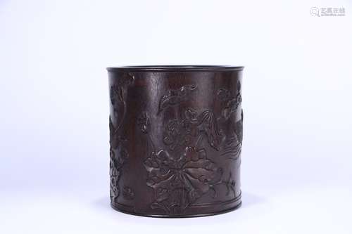 A Chinese Rosewood Brush Pot Carved with Lotus Leaf