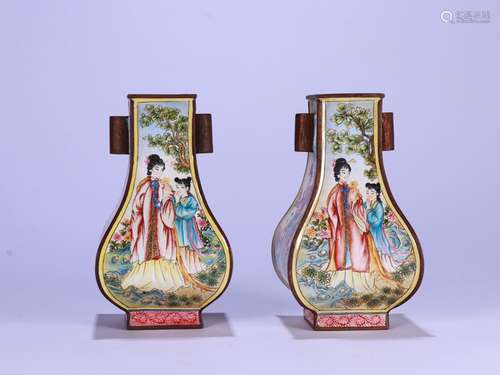 A Pair of Chinese Enameled Figure-Story Pierced-Ear Vases