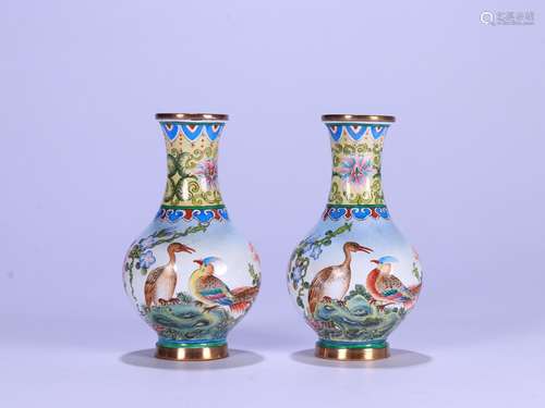 A Pair of Chinese Enameled Floral and Bird Pattern Vases