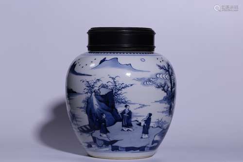 A Chinese Blue-and-White Landscape Figure Jar with Lid