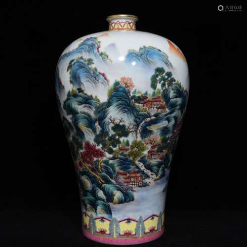 A Chinese Famille Rose Landscape Patter Meiping Vase
