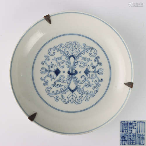 A Blue And White Floral Porcelain Plate, Marked