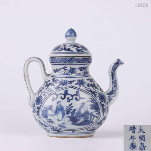 A Blue And White Foliage And Figurines Porcelain Ewer