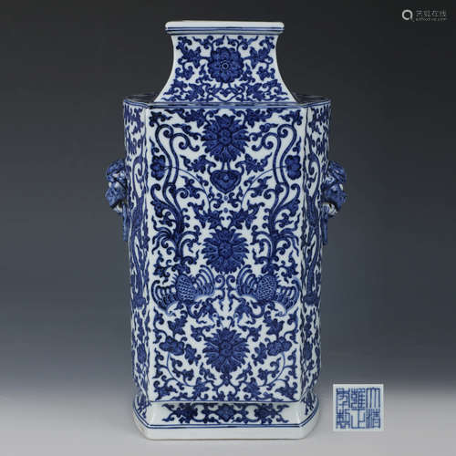 A Blue And White Squared Porcelain Vase With Double Lion-Shaped Ears