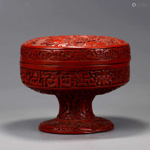 Chinese Cinnabar Lacquer Landscape And Flower Stem Plate And Cover
