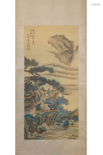 A Chinese Figurine And Landscape Scroll, Lanying Mark