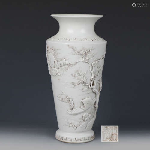 A White Glazed Carved Figurines Porcelain Vase