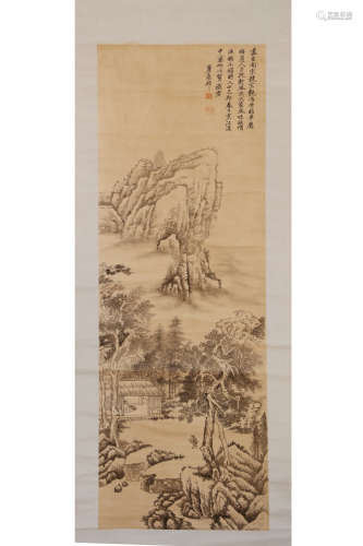 A Chinese Figurine And Landscape Scroll, Wang Yuanqi Mark