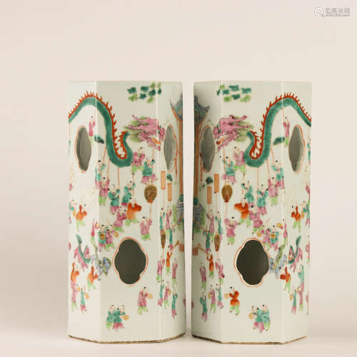 A Pair Of Famille Rose Tube Shaped Porcelain Vases
