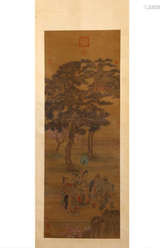 A Chinese Figurine And Landscape Scroll, Yan Liben Mark