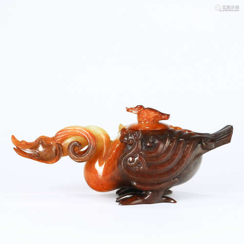 A Chinese Jade Carved Phoenix Shaped Pot