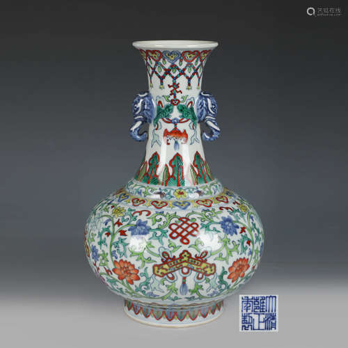 A Doucai Porcelain Vase With Double Elephant-Head-Shaped Ears