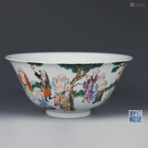 Famille Rose 18 Lohan Porcelain Bowl, Marked