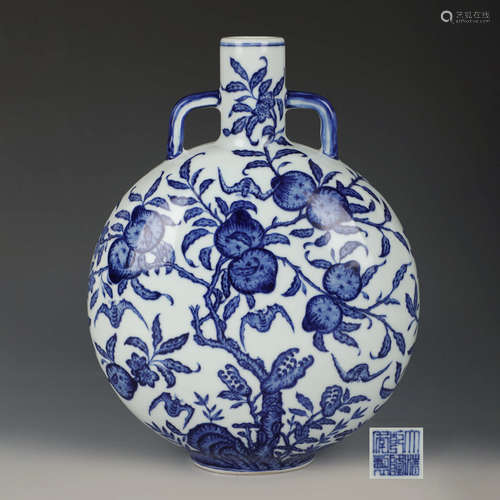 A Blue And White Peach Motifed Porcelain Moon Flask Vase