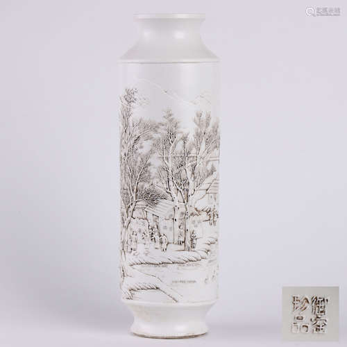 A White Glazed Carved Landscape Porcelain Vase