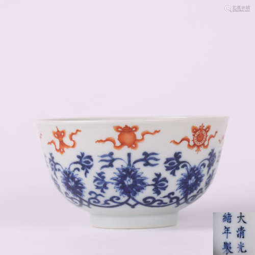 A Blue And White Lotus And Iron Red Eight Treasures Porcelain Cup