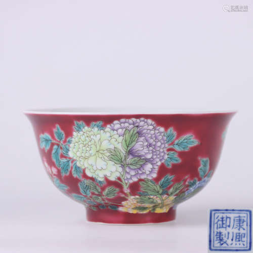 A Red Ground Famille Rose Porcelain Bowl