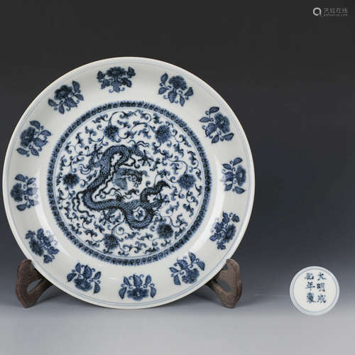 A Blue And White Dragon Porcelain Plate