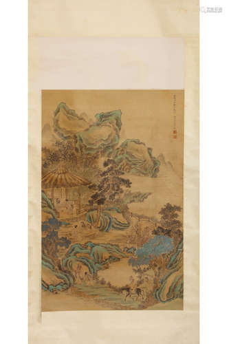 A Chinese Figurine And Landscape Scroll, Luzhi Mark