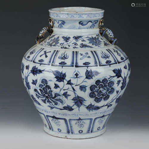 A Blue And White Floral Porcelain Jar With Double Dragon-Shaped Ears