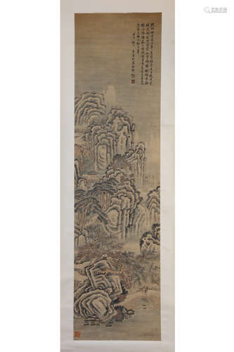 A Chinese Figurine And Landscape Scroll, Shen Shichong Mark