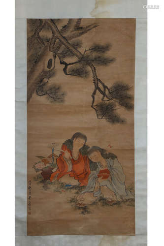 A Chinese Figurine And Landscape Scroll, Li Shida Mark