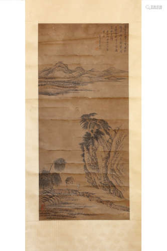 A Chinese Figurine And Landscape Scroll, Zhangqia Mark