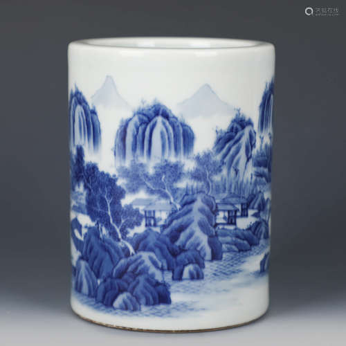 A Blue And White Landscape Porcelain Brush Pot