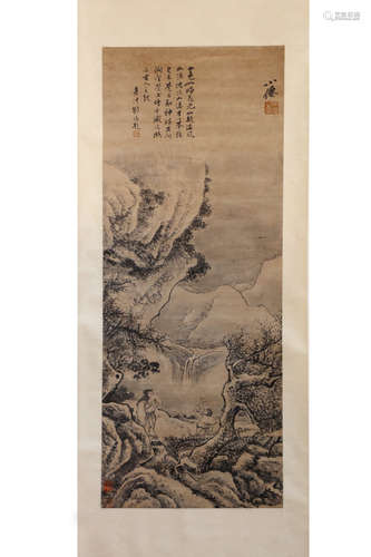 A Chinese Figurine And Landscape Scroll, Wuwei Mark