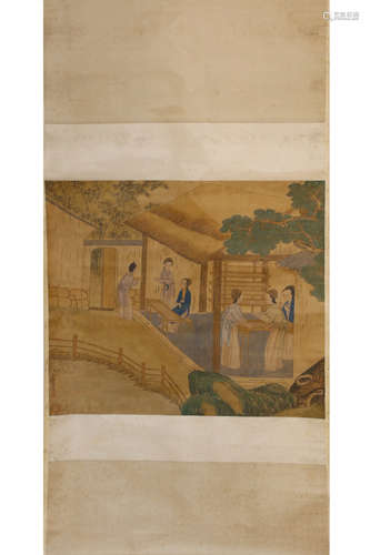 A Chinese Figurine And Landscape Scroll, Jin Tingbiao Mark