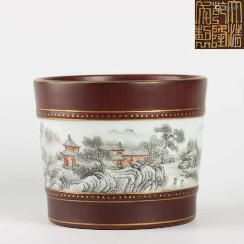 A Wood-Grain Glazed Landscape Porcelain Brush Pot