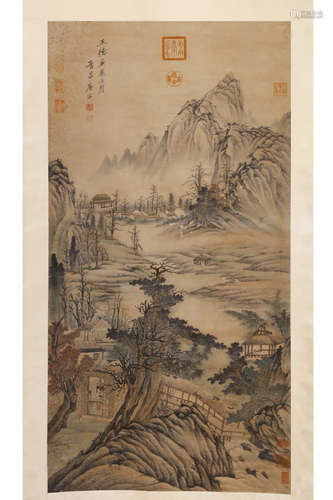 A Chinese Figurine And Landscape Scroll, Tangyin Mark