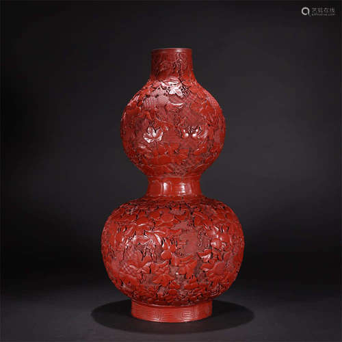 A Floral Carved Red Lacquerware Gourd-Shaped Vase