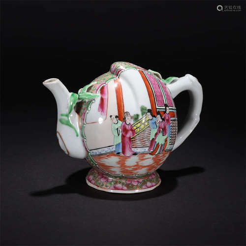 A Famille Rose Figurine Motif Porcelain Peach-Shaped Ewer