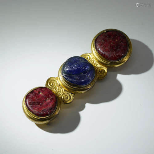 A Ruby And Sapphire Inlaid Gild Bronze Belt Bukle