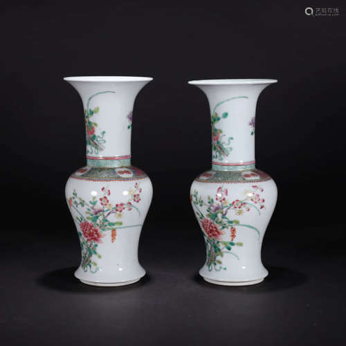 A Pair Of Famille Rose Floral Porcelain Zun