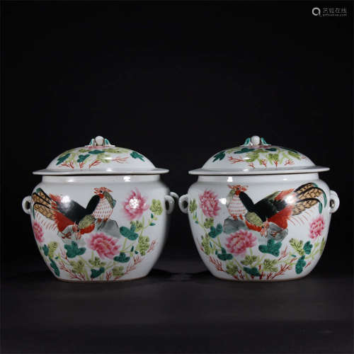 A Pair Of Famille Rose Rooster Painted Porcelain Inscribed Porridge Pots