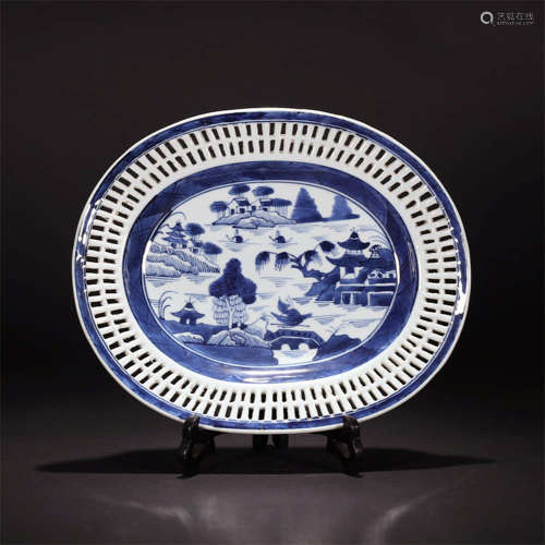 A Blue And White Landscape Motif Porcelain Piercing Plate