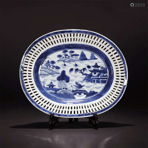 A Blue And White Landscape Motif Porcelain Piercing Plate