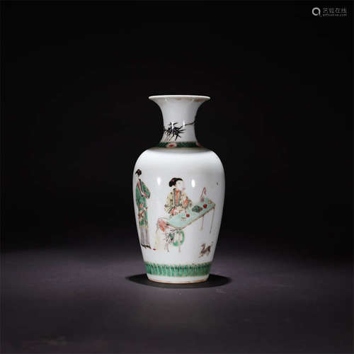 A Famille Verte Figures Painted Porcelain Inscribed Vase