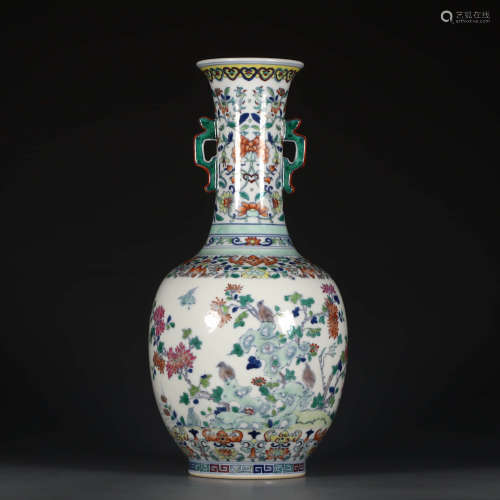 A Doucai Flower&Bird Motif Porcelain Double Ears Vase