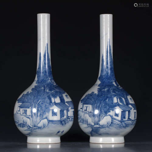 A Pair Of Blue And White Landscape Figure Motif Porcelain Vase