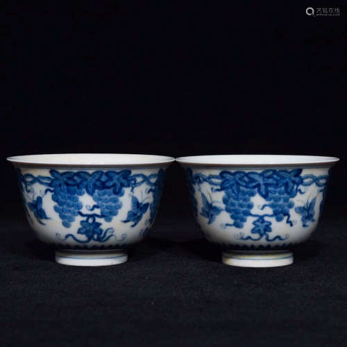 A Pair Of Blue And White Grape Motif Porcelain Cups