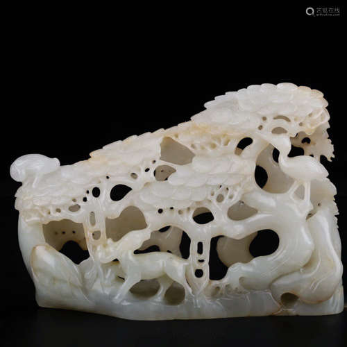 A White Jade Carved Pine Tree And Crane Ornament