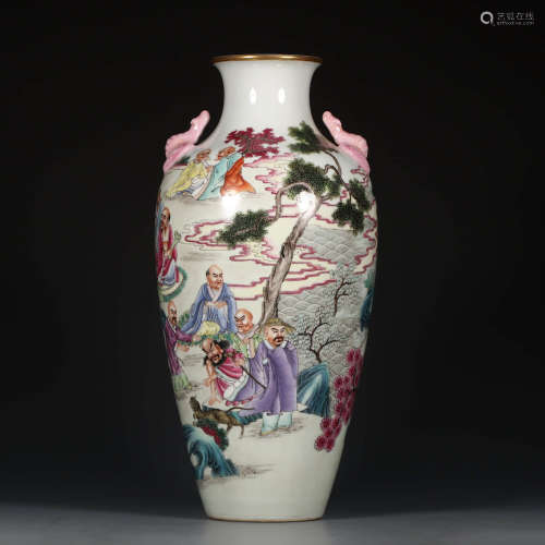 A Famille Rose Gilt Eighteen Arhats Painted Porcelain Vase