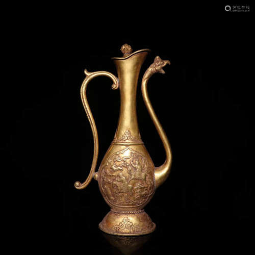 A Gild Bronze Hunting Motif Wine Pot